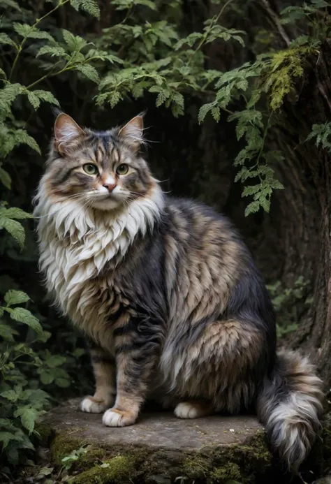 arafed cat sitting on a rock in the woods