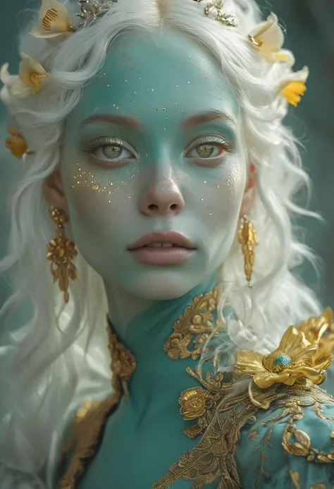 portrait photo of a 25-year-old half-alien and half-human woman with teal-coloured skin and with golden freckles and with alien eyes with (glowing golden iris:1.2) and with white hair as a rococo-punk princess, highly detailed, award winning photo