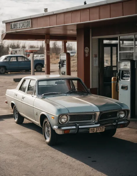 there is a car parked in front of a gas station