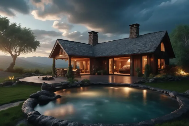 Unparalleled masterpiece, (photorealistic:1.4), best quality, beautiful lighting, (hot spring), (extremely detailed 8k wallpaper), full shot landscape photo of the most beautiful artwork in the world, cloudy sky background lush landscape house and trees il...