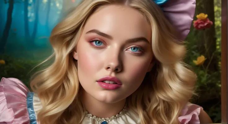 the perfect human face  of young woman who is a perfect blend of kate upton and dove cameron dressed like disneys alice in wonderland and rolling hard on ecstasy and peaking on pure molly, pupils dilated, euphoric and bewildered, through the looking glass,...