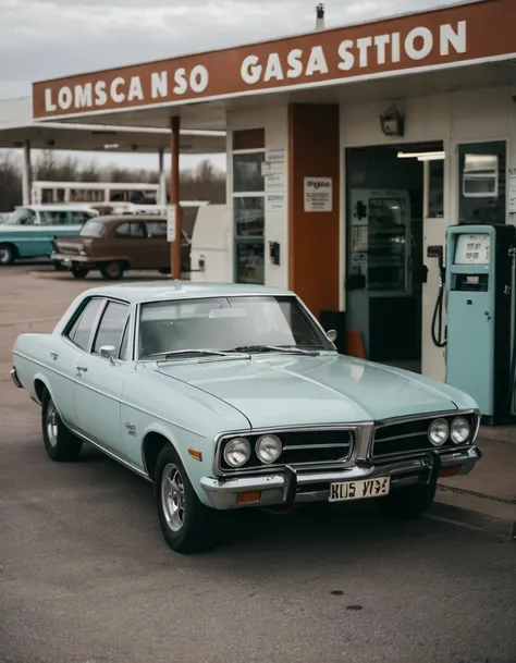 raw photo of a an oldtimer at a 1970s gas station, cinematic shot, natural lighting, autofocus