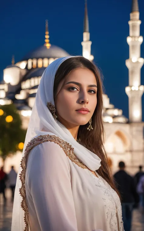 a woman in a white veil and head scarf standing in front of a mosque