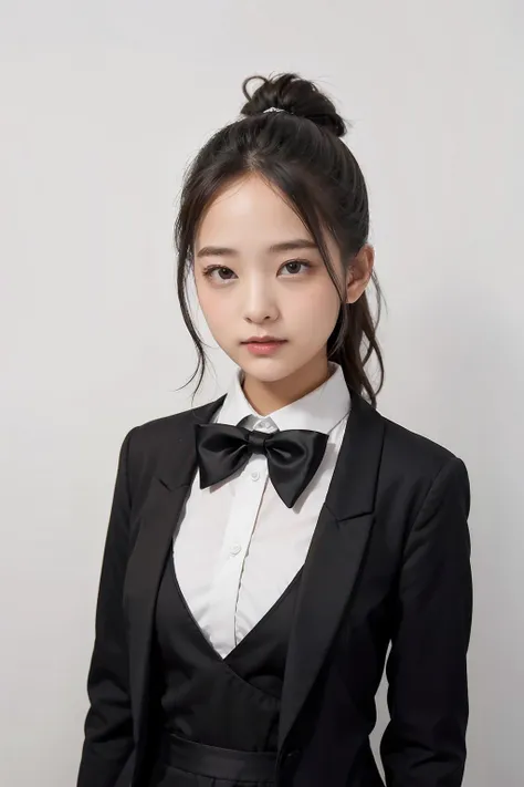 a close up of a woman in a suit and bow tie