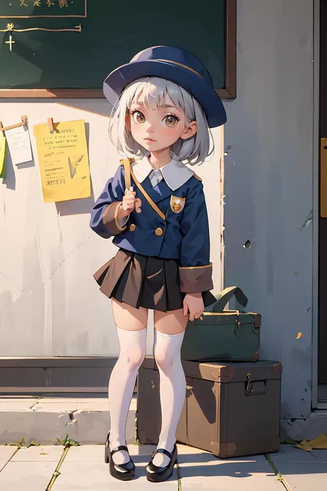 (masterpiece, best quality), 1girl,    <lora:hakase:1> hakase, school hat, kindergarten uniform, jacket, pleated skirt, knee highs, white legwear, mary janes