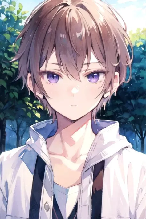 masterpiece, best quality, photorealistic, 1boy, solo, male focus, looking at viewer, upper body, , (watercolor illustration, soft pastel colors:1.1), realistic, <lora:zakuro_oshigiri:0.66>, zakuro_oshigiri, brown hair, purple eyes, , , , 8k resolution