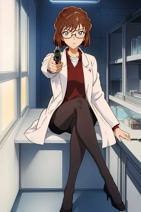 <lora:Miyano Shiho:0.9>, 1girl, brown hair,short hair,full body,laboratory,sitting, lab coat,detailed eyes,pantyhose, glasses, holding gun, <lora:aimingAtViewer_v1:0.8>, aiming at viewer, handgun, holding pistol, (masterpiece, best quality, high quality, ...