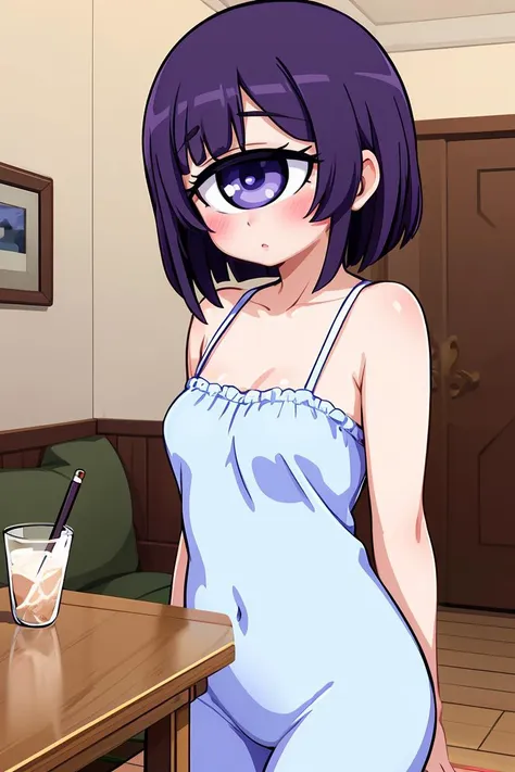 anime girl in blue dress with glasses and a drink