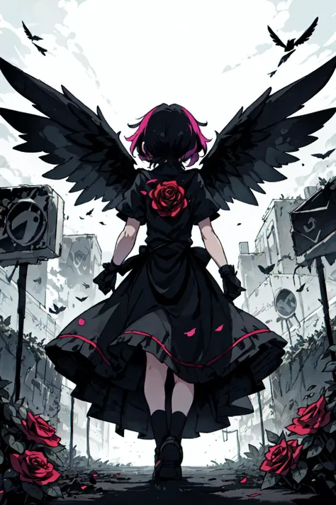 a woman in a black dress with pink hair and wings