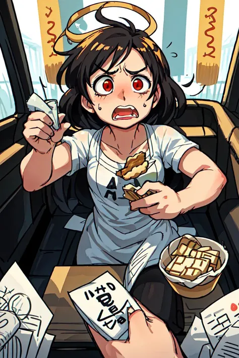 anime girl eating a sandwich in a car with a halo on her head