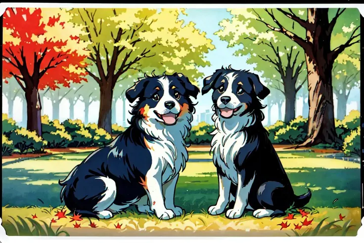 two dogs sitting in the grass with trees in the background