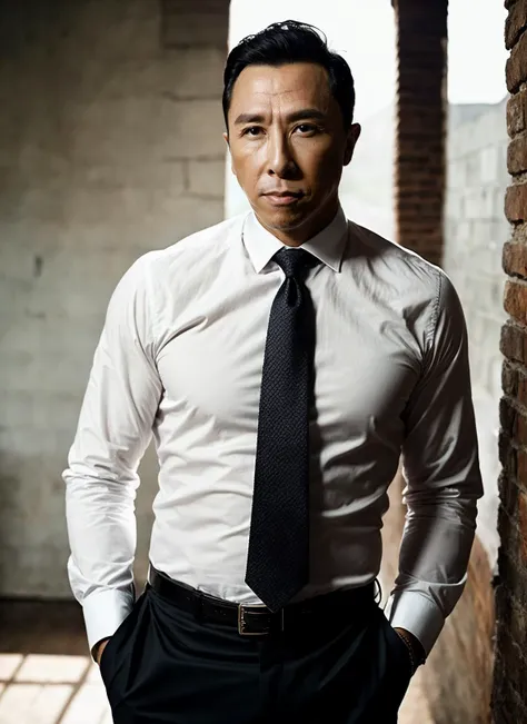 arafed man in a white shirt and black tie standing against a brick wall