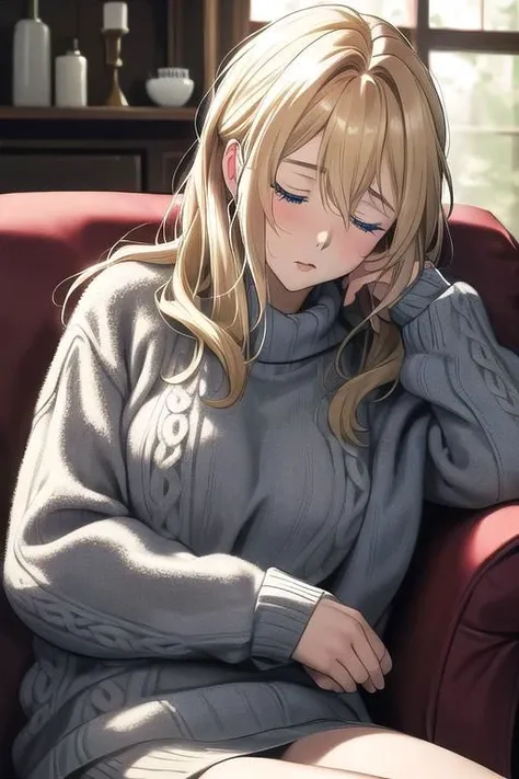 masterpiece,best quality, ultra res, extremely detailed,droopy eyes,
1woman,perfect anatomy,
,Beautiful face,blond hair ,blue eye ,Violet Evergarden,
long sweater,
indoor,living room,log house living room,sofa,sit on the sofa and take a nap,take a nap on t...