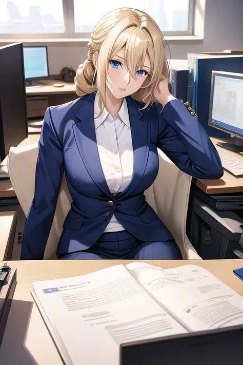 anime girl sitting at a desk with a book and computer