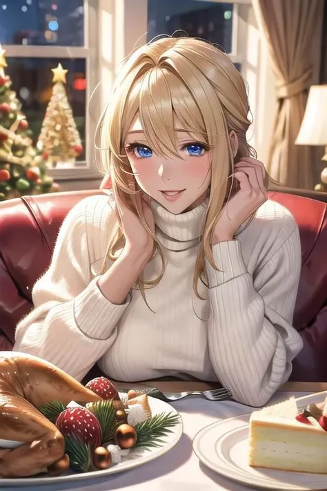 masterpiece, best quality, detailed, sidelighting,Beautiful white skin ,blond hair,blue eyes,disheveled hair,slim,adult, ,1woman,Violet Evergarden,Happy and fun,
sweater,turtleneck sweater,
indoor,evening,late at night, living room,Living room decorated fo...