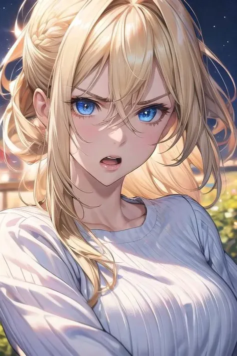 a woman with blonde hair and blue eyes is staring at the camera