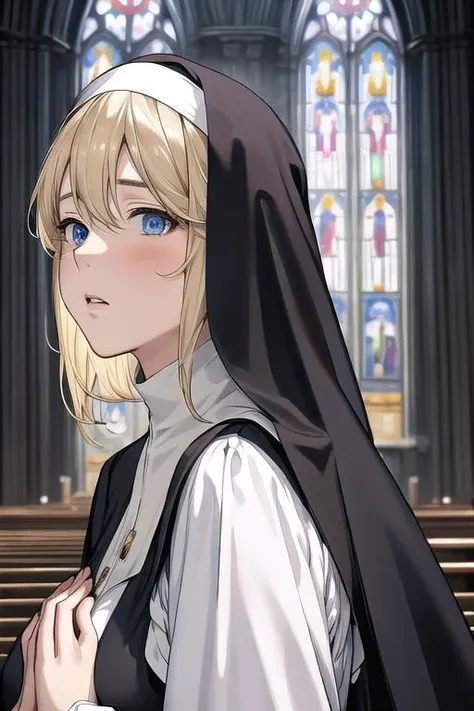 masterpiece,best quality, ultra res, extremely detailed,droopy eyes,
1woman,perfect anatomy,
,Beautiful face,blond hair ,blue eye ,Violet Evergarden,
sister costume,nun,praying,
church,