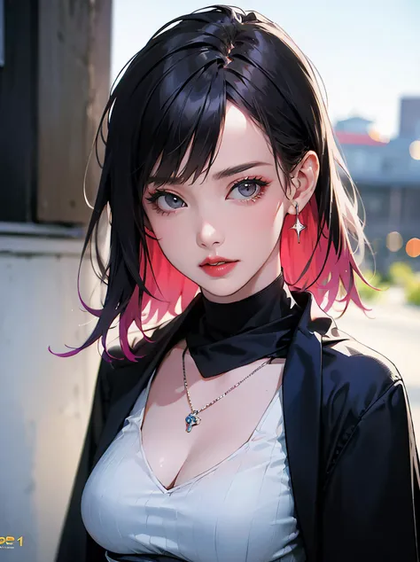 anime girl with pink hair and black jacket posing for a picture