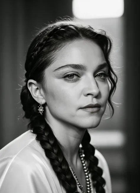 portrait of (mdnna:1.05), regretful , wearing silk , with gray Side braid , background vatican city epic (photo, studio lighting, hard light, sony a7, 50 mm, matte skin, pores, colors, hyperdetailed, hyperrealistic)