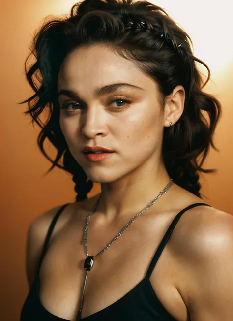 portrait of (mdnna:1.1), puzzled , wearing top , with chocolate Side braid , background autumn epic (photo, studio lighting, hard light, sony a7, 50 mm, matte skin, pores, colors, hyperdetailed, hyperrealistic)