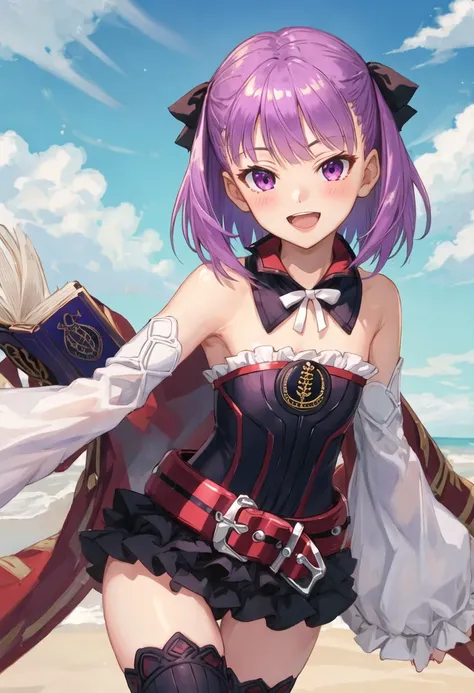 best quality, masterpiece, highres, solo, {helena_blavatsky_fgo:0.90}, 1girl, bare_shoulders, looking_at_viewer, black_thighhighs, detached_sleeves, smile, belt, white_sleeves, blush, book, flat_chest, open_mouth, detached_collar, strapless_dress