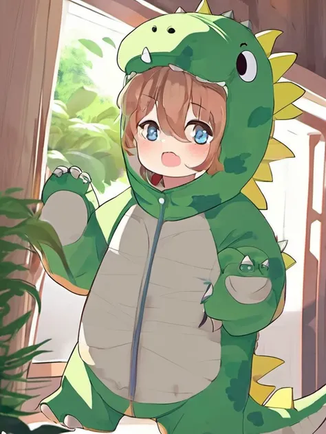 there is a cartoon picture of a child dressed in a dinosaur costume