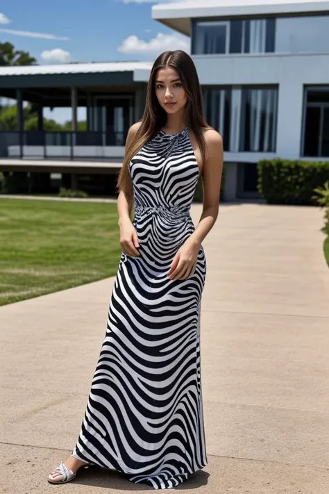 1woman, long hair, realistic, masterpiece, high detailed skin, looking at viewer, outdoor view, solo, full body shot
<lora:Zebra_Long_Dress2_By_Stable_Yogi:1> zebra print, long dress