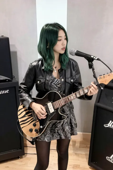 from front,masterpiece,best quality,
1girl,green hair,hold guitar,dynmic,black pantyhose,microphone,microphone stand,
rihasuta,drum,instrument,drum set,keyboard (instrument),amplifier,guitar,speaker,scenery,indoors,microphone,chair,electric guitar,drumstic...