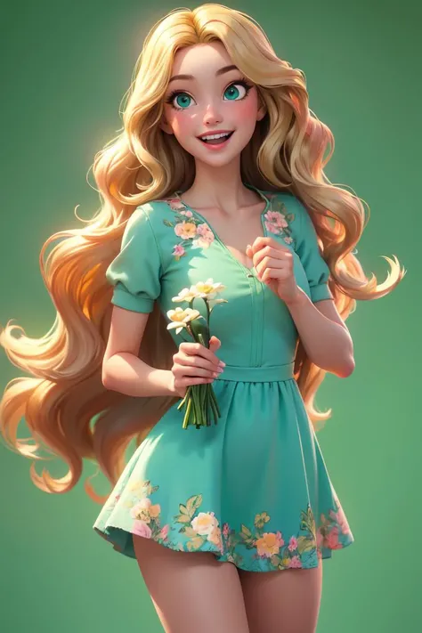 (medium shot:1.4), 1 girl, vibrant, in light, floral spring dress, (long, wavy sun-kissed blonde hair:1.3), (bright blue eyes:0.75), (solid light green background:1.2), standing with a twirl, a flower in hand, laughing towards the camera, (high quality:1.4...