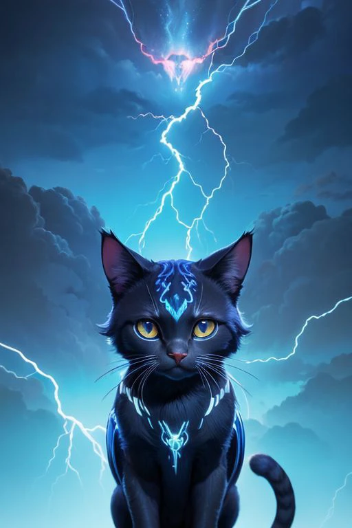 (Masterpiece, high quality, best quality, official art, beauty and aesthetics:1.2),thunder,composed of elements of thunder,(cat:1.2),no humans,glowing,glowing eyes,blue theme,<lora:xl_shanbailing_0927lightning-000010:0.7>, composed of elements of thunder,t...