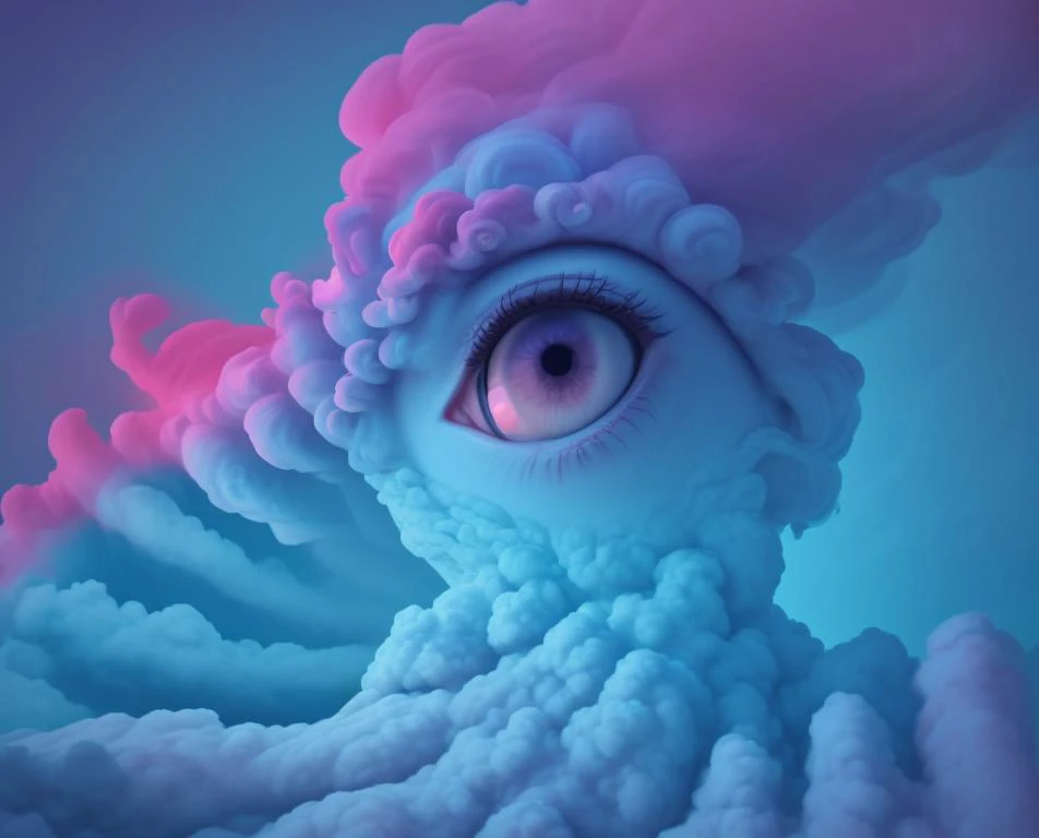 eye in the middle of a cloud of volcano smoke,Volcano erupting with eye on top,tons de azul,arte digital inspirada em Cyril Rolando,surrealismo,Portrait of a giant eye in the smoke of a volcano,mystic eye,nuvem de fumo com um olho,surrealismo,<lora:lcm-lor...