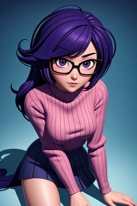 Anime Girl. !!High-Angle shot!!. 2d Anime Manga drawing. Glasses, cute look. form-fitting conservative knit outfit. Sharp colors, detailed. 2d art. by CloverWorks studio and Naruto shigenori