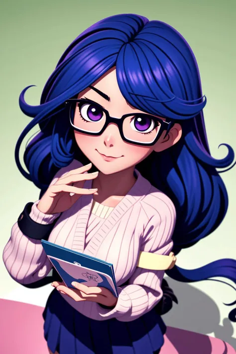 Anime Girl. !!High-Angle shot!!. 2d Anime Manga drawing. Glasses, cute look. form-fitting conservative knit outfit. Sharp colors, detailed. 2d art. by CloverWorks studio and Mitsu Art