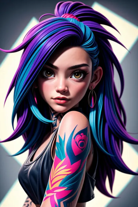 Create a portrait of a young woman with a distinctive and intricate array of tattoos covering her arms, neck, and visible parts of her body, featuring a mix of styles ranging from traditional and tribal to contemporary and geometric, Use a color palette th...