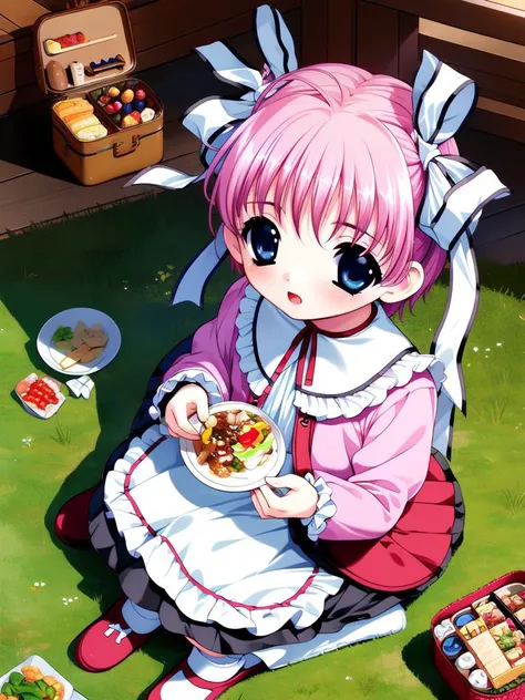 <lora:KagoNoa:0.8>,  KagoNoa, 1girl, bento, solo, blue eyes, pink hair, food, sitting, short hair, ribbon, socks, from above, picnic, long sleeves,
masterpiece, high quality, very_high_resolution, large_filesize, full color,