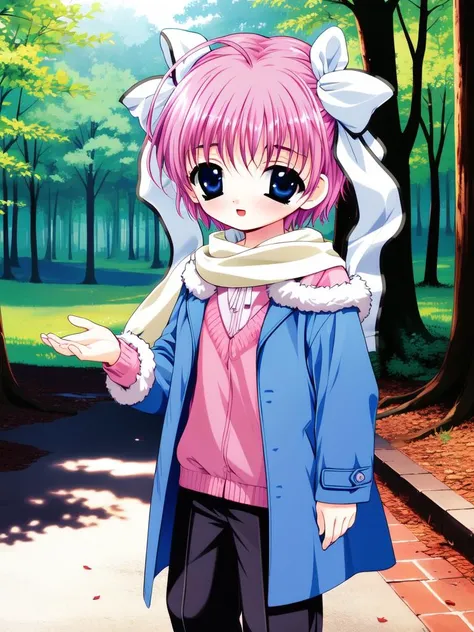 <lora:KagoNoa:0.8>, KagoNoa, blue_eyes, ribbon, short_hair, purple_hair, hair_ribbon, pink_hair, child,
scarf, coat,  pants, shoes, happy, standing, forest, cowboy Shot,
masterpiece, high quality, very_high_resolution, large_filesize, full color,