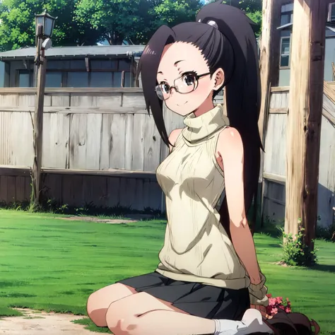 masterpiece, high res, anime screencap, 1 girl, black eyes, solo, kunoichi_tsubaki, black hair, long hair, ponytail. seen from the side, glasses, ((((knitted sweater)))), skirt, exposed shoulders, barearms, medium breasts, skirt, smile, , outdoors, full bo...