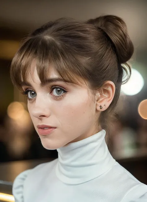 photo of extremely sexy skswoman as a sexy student, closeup portrait upsweep updo, (white tight long sleeve turtleneck top), at a cantina sitting bar (masterpiece:1.5) (photorealistic:1.1) (bokeh) (best quality) (detailed skin texture pores hairs:1.1) (int...