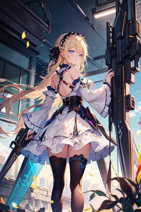 <lora:mecha&weapongirl:0.7> armed girl, mecha_musume, mecha girl,, ultra detailed, masterpiece, best quality, aesthetic, detailed,, solo, soft smile, light smile,
1girl, blue eyes, very long hair, blonde hair, long blonde hair, french braid, bangs, medium ...