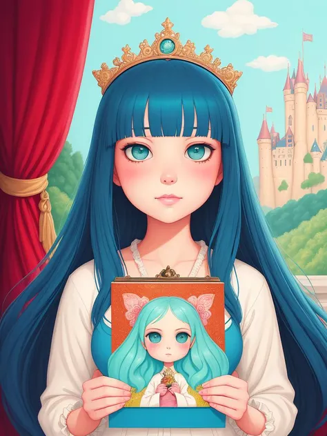 a painting of a girl with a castle in her hands, poster art by hikari shimoda, featured on pixiv, pop surrealism, whimsical, roc...