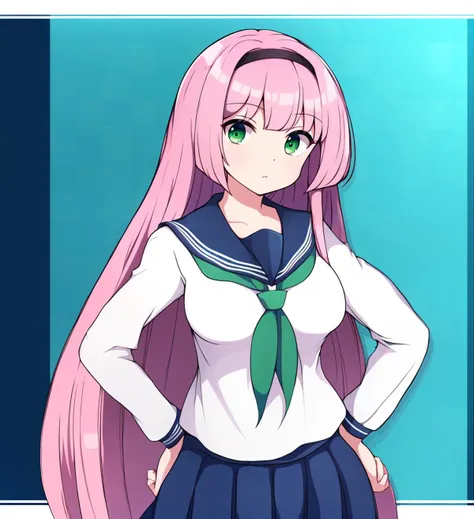 anime girl with long pink hair and green eyes in a sailor outfit