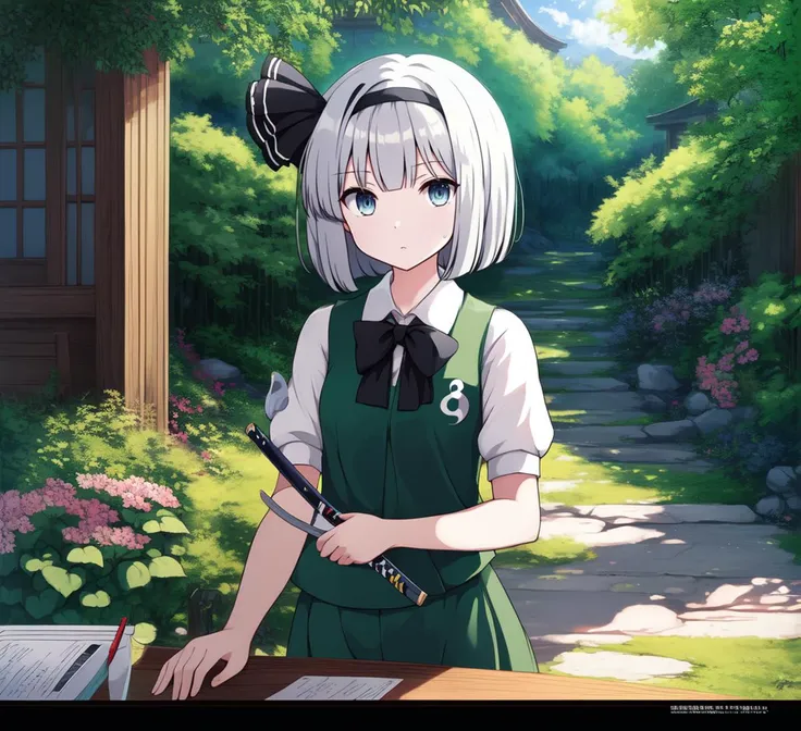 anime girl in green dress writing on a paper with a pen