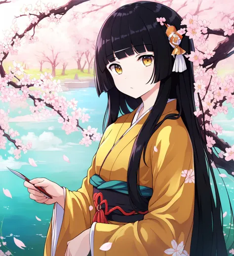 anime girl in kimono outfit holding a cell phone in front of a river