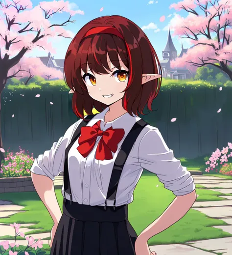 anime girl in a school uniform standing in a garden