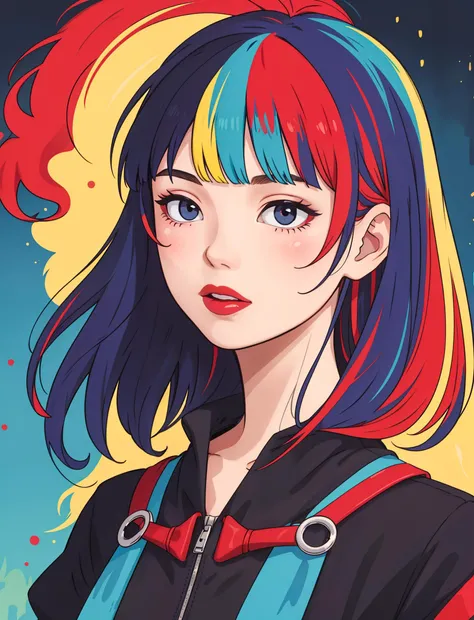 a girl with blue and red hair and a black jacket