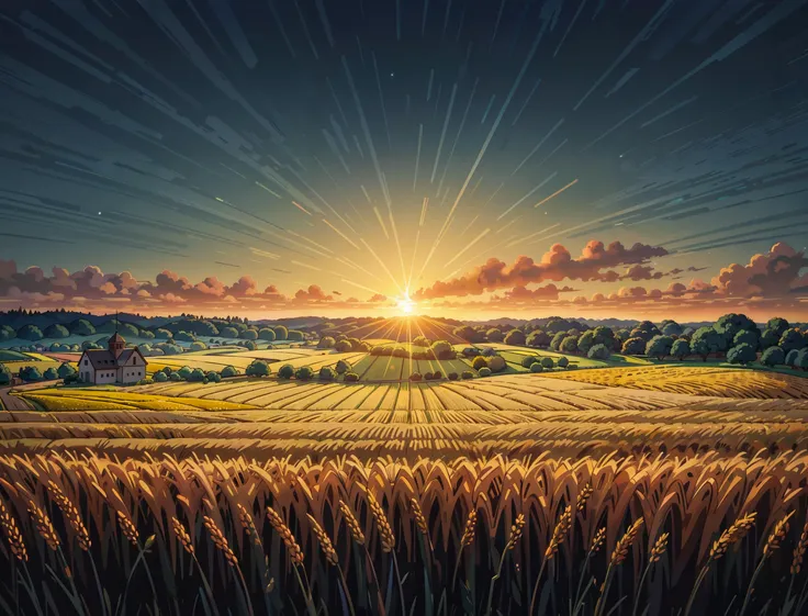 a painting of a sunset over a field of wheat