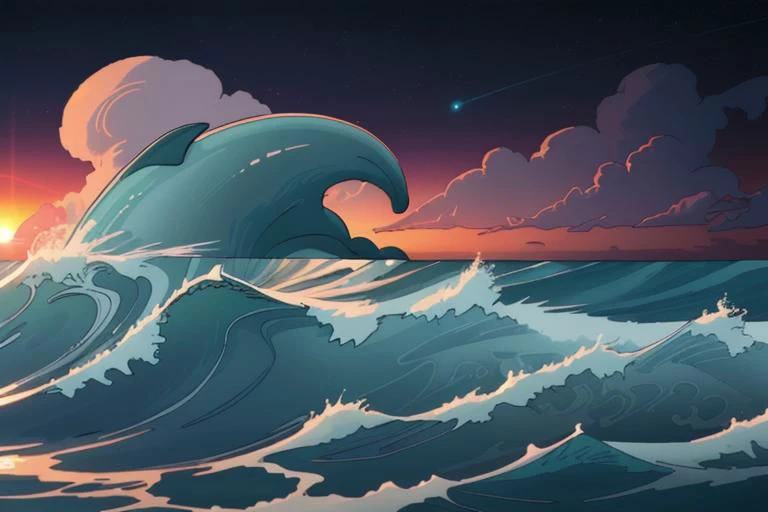 illustration of a wave breaking in the ocean at sunset