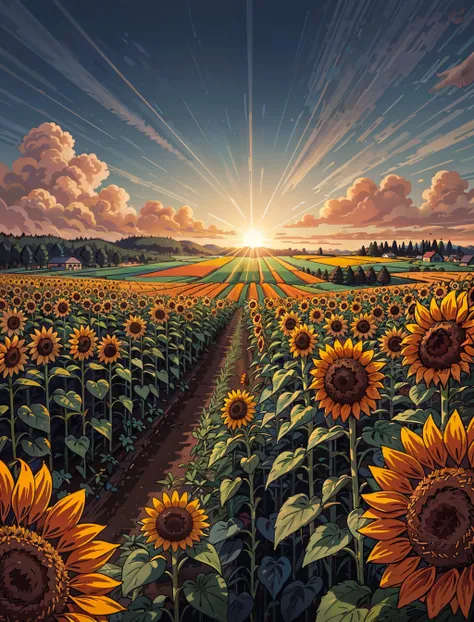 a painting of sunflowers in a field with a sky background