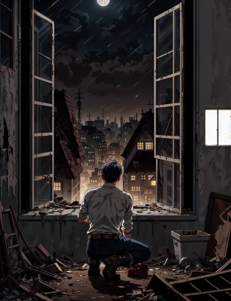 a man sitting on a window sill looking out at a city