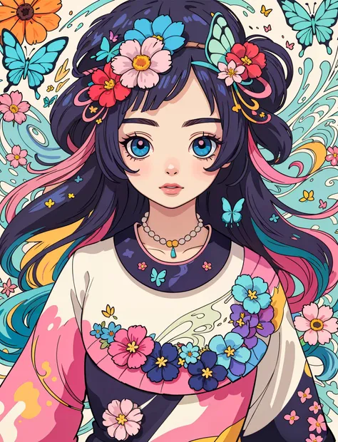 a girl with long hair and flowers in her hair